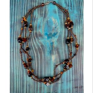 Triple Layered Amber & Gold Toned Women's Acrylic Beaded Necklace